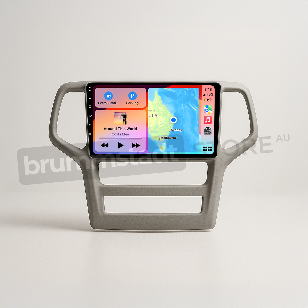 Brummstadt head unit for Jeep Grand Cherokee 2008-2013, grey frame with a large touchscreen, Apple CarPlay interface displaying Google Maps, Parking, and other apps, designed for seamless access to navigation and communication in Jeep Grand Cherokee interiors.