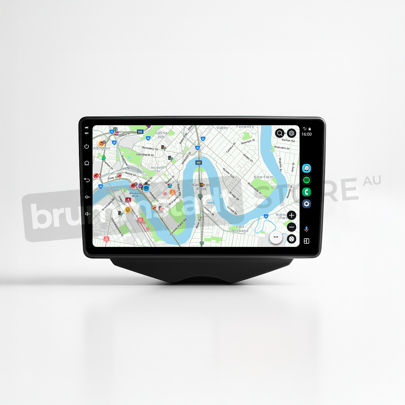 Brummstadt head unit for Hyundai Veloster 2011-2017, black frame, Apple CarPlay interface displaying Google Maps with navigation in Sydney, touchscreen upgrade for enhanced connectivity and maps in Hyundai Veloster vehicles.