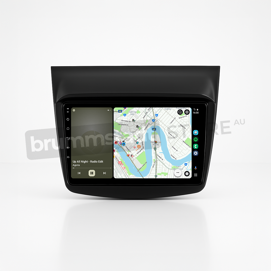 Brummstadt head unit for Mitsubishi Challenger 2008-2016, sleek black design, Apple CarPlay interface visible with Google Maps navigation, music playing from a local source, providing streamlined access to apps and features for enhanced connectivity in Mitsubishi Challenger vehicles.