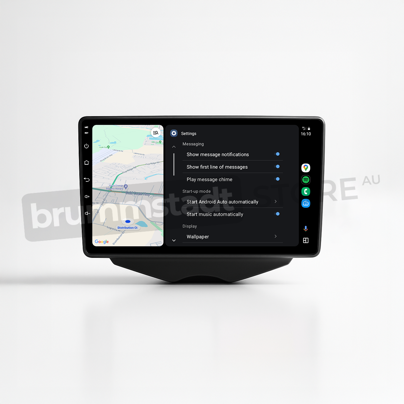Brummstadt head unit for Hyundai Veloster 2011-2017, featuring a sleek black design with touchscreen controls, displaying an active Android Auto interface showing Google Maps, WhatsApp, and Messaging apps, ideal for navigation and communication in Hyundai Veloster interiors.