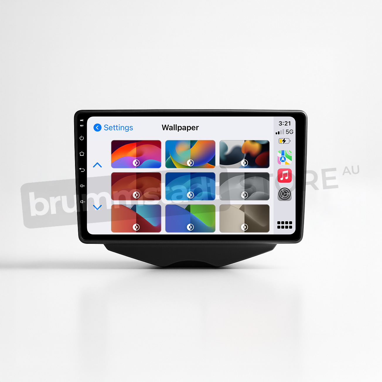 Brummstadt head unit for Hyundai Veloster 2011-2017 featuring a sleek black design, touchscreen interface showing Apple CarPlay settings with multiple wallpaper options displayed, recognizable app icons for music and settings, providing an enhanced navigation and communication experience for Hyundai Veloster users.
