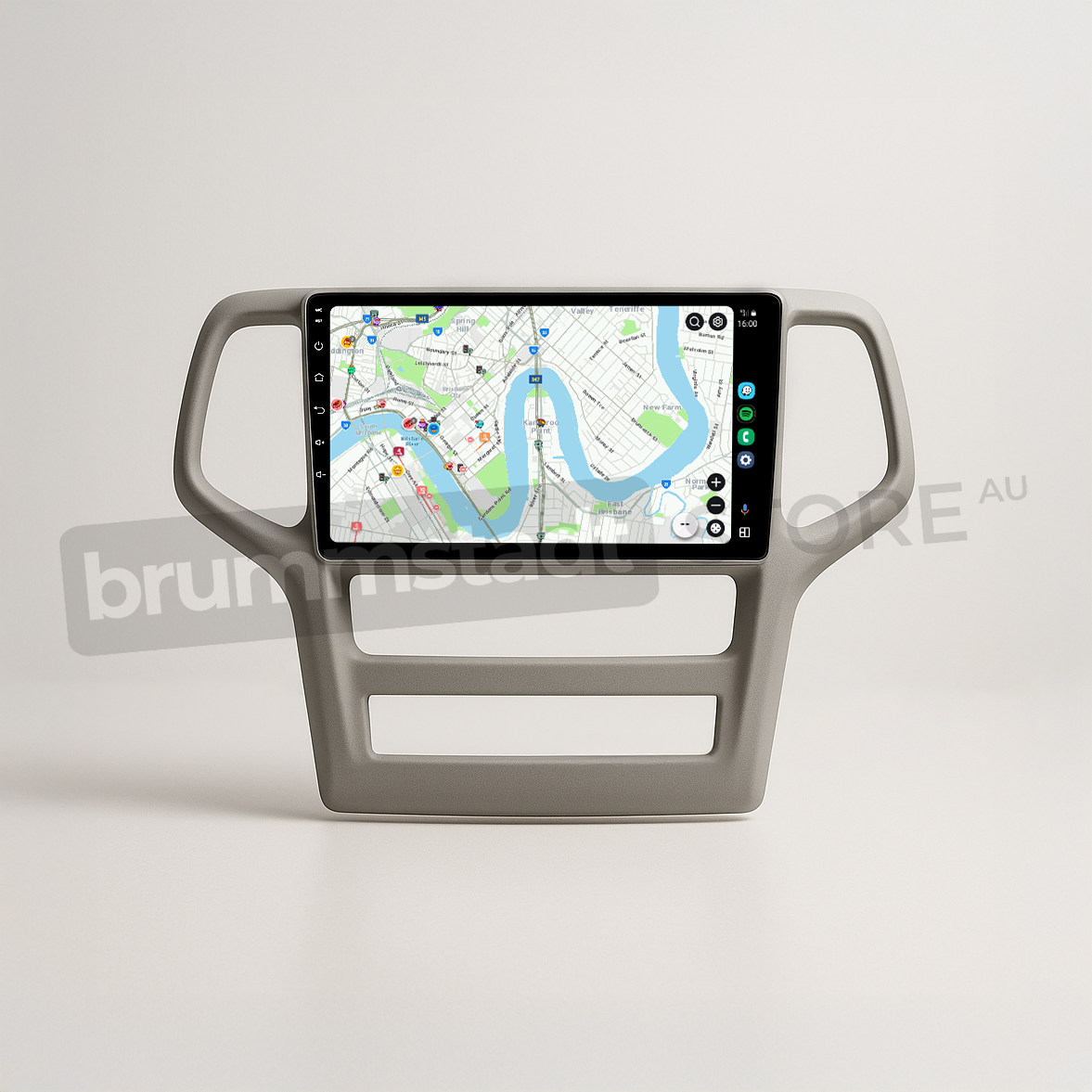 Brummstadt head unit for Jeep Grand Cherokee 2008-2013, grey frame, touchscreen displaying Apple CarPlay interface with Google Maps, Waze, WhatsApp, and other apps, designed for enhanced navigation and communication in Jeep Grand Cherokee interiors.