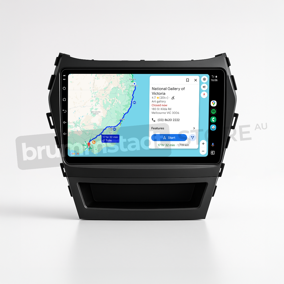Brummstadt head unit for Hyundai Santa Fe 2013-2018, black frame, Apple CarPlay interface showing Google Maps with navigation route displayed, featuring touchscreen controls for maps and music streaming, designed for integration in Hyundai Santa Fe vehicles.