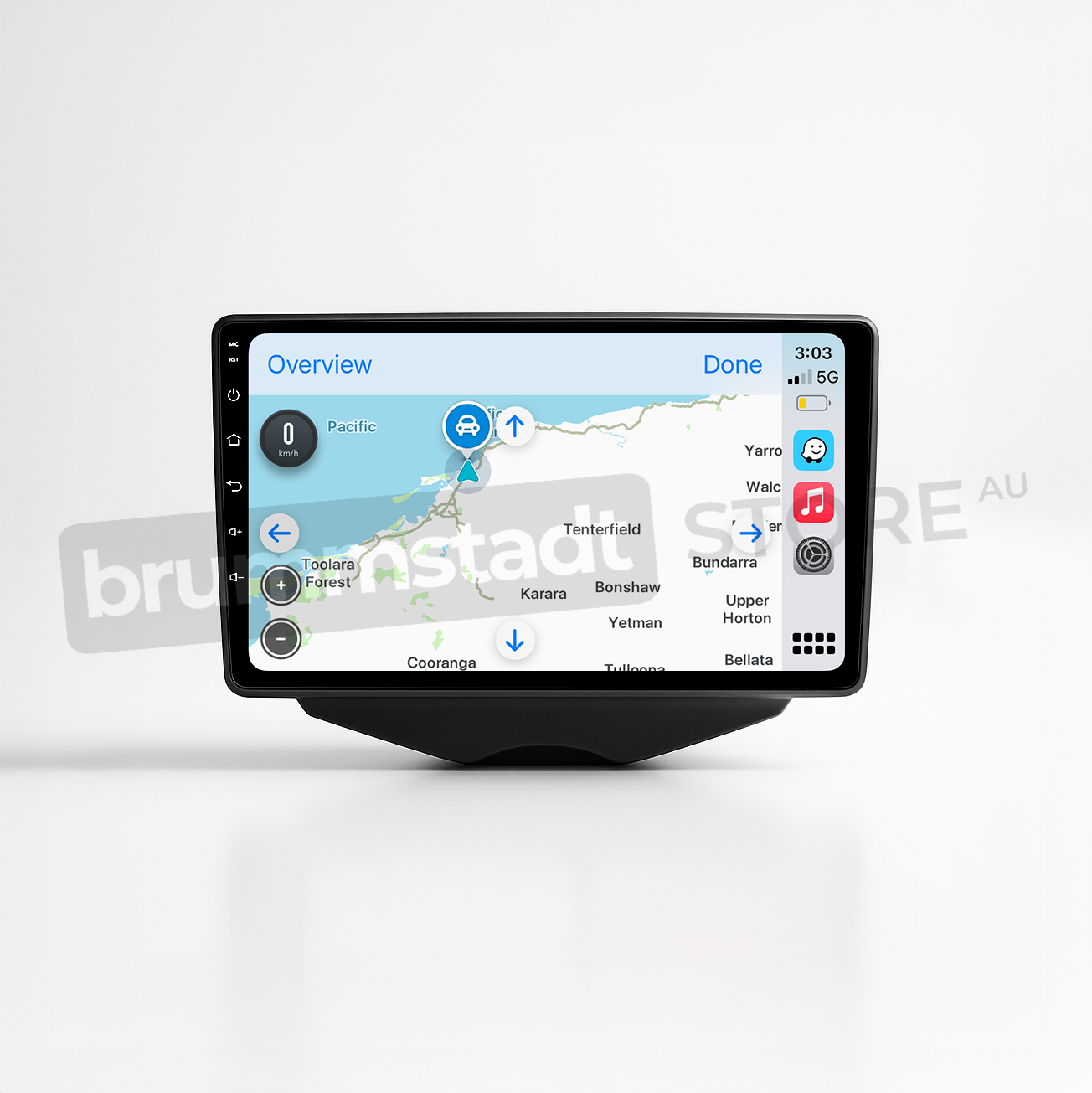 Brummstadt head unit for Hyundai Veloster 2011-2017, featuring a black frame and touchscreen interface, displaying Apple CarPlay with Google Maps, music playback icons, and navigation shortcuts for seamless integration in Hyundai Veloster vehicles.
