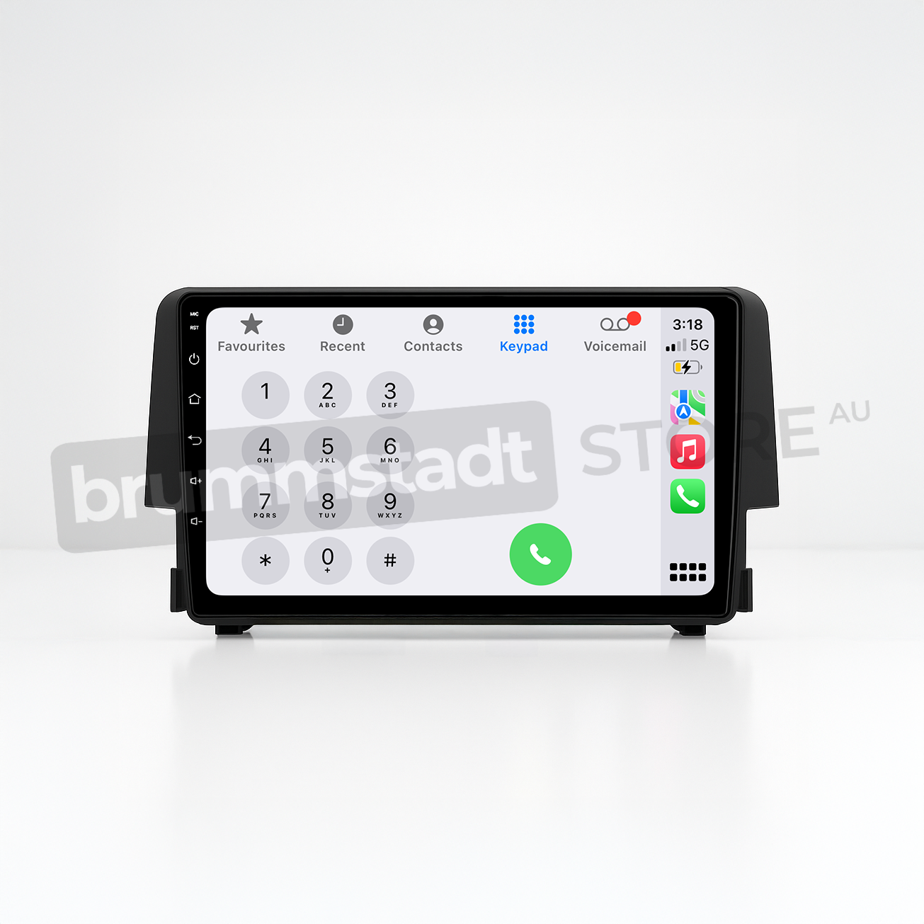 Brummstadt head unit for Honda Civic 2016-2018, black frame with a capacitive touchscreen, Apple CarPlay interface displaying a keypad for contacts, recent calls, and a favorites menu, designed for navigation and communication with functionality for voice calls in Honda Civic.