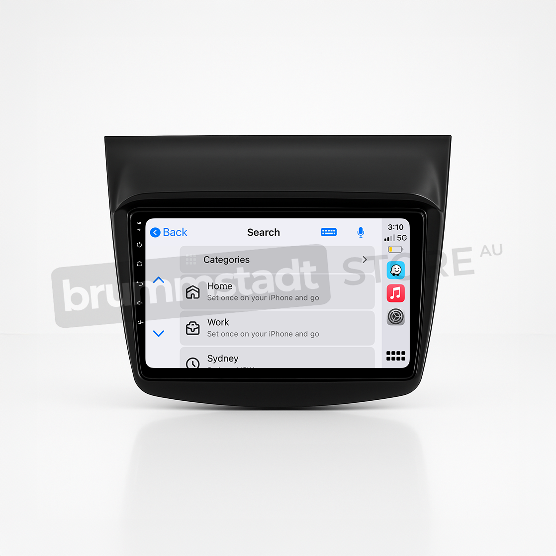 Brummstadt head unit for Mitsubishi Challenger 2008-2016, sleek black frame with a touchscreen interface, featuring Apple CarPlay showing Google Maps, Work, Home, and other categories, designed for easy navigation and the Australian map in Mitsubishi Challenger vehicles.