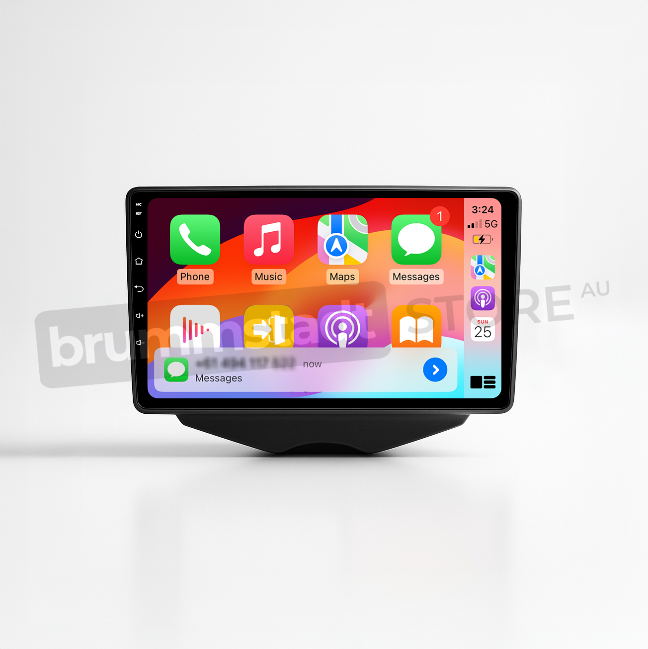 Brummstadt head unit for Hyundai Veloster 2011-2017, sleek design with visible touchscreen showing Apple CarPlay interface, featuring apps like Phone, Music, Messages, and Maps, providing navigation and communication capabilities for Hyundai Veloster.