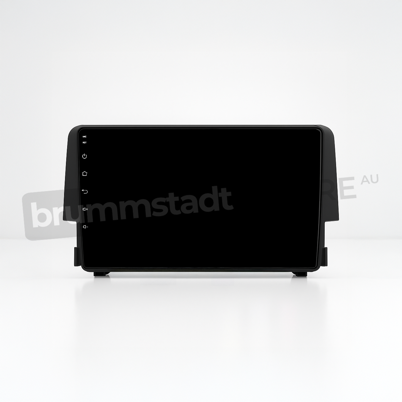 Brummstadt head unit for Honda Civic 2016-2018, black frame, blank capacitive touchscreen, vertical shortcut buttons for Home, Back, Volume, and Menu, designed for seamless dashboard integration in Honda Civic vehicles.
