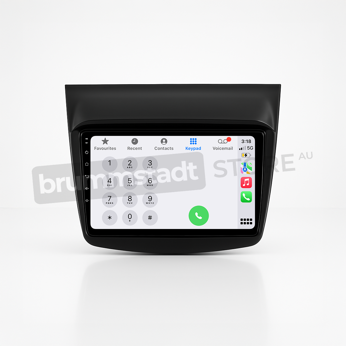 Brummstadt head unit for Mitsubishi Challenger 2008-2016, black frame, Apple CarPlay interface displaying keypad and contacts, touchscreen with navigation and communication features, suitable for enhancing connectivity in Mitsubishi Challenger vehicles.