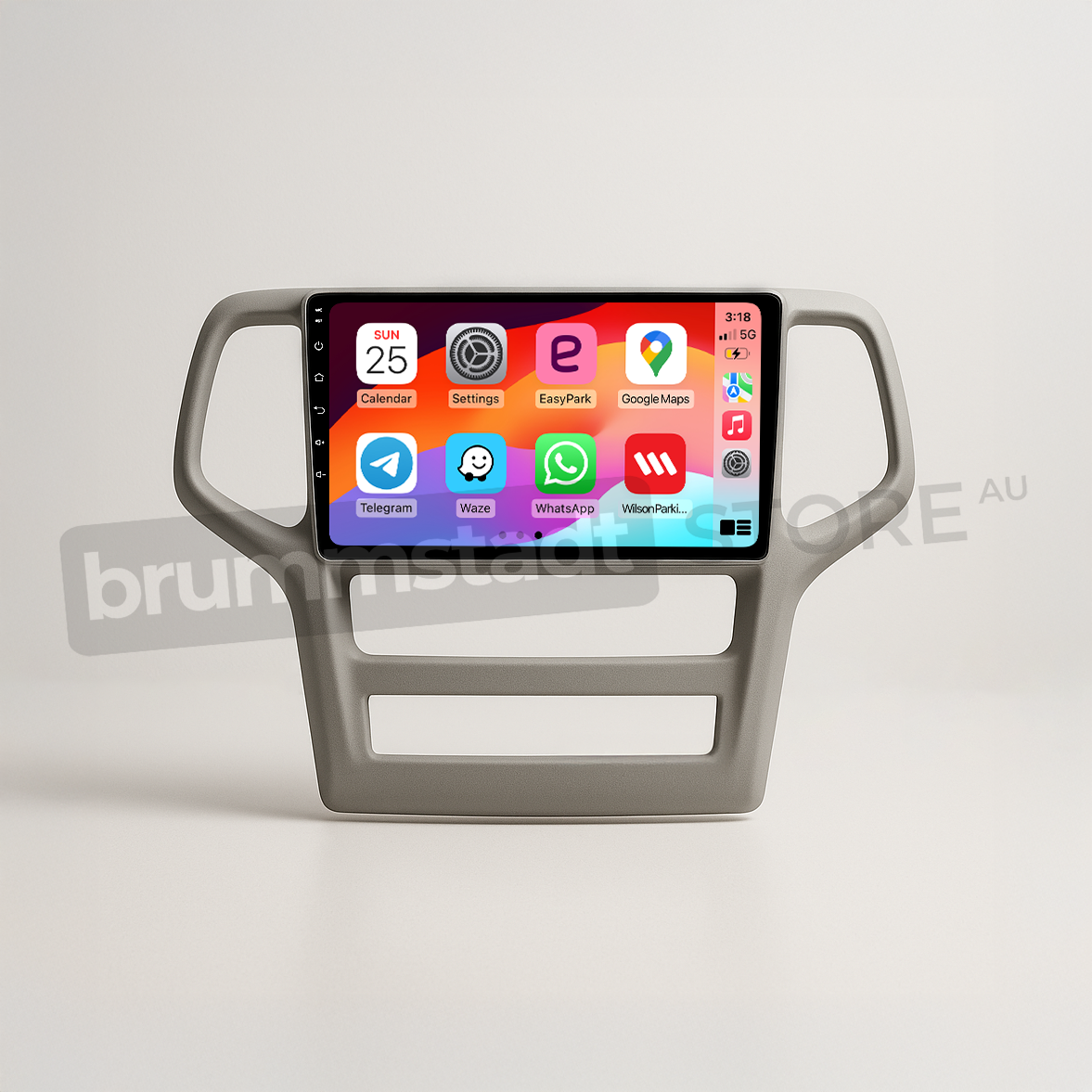 Brummstadt head unit for Jeep Grand Cherokee 2008-2013, gray frame, touchscreen interface showing Apple CarPlay with icons for Google Maps, WhatsApp, Telegram, Waze, EasyPark apps, designed for navigation and communication in Jeep Grand Cherokee vehicles.