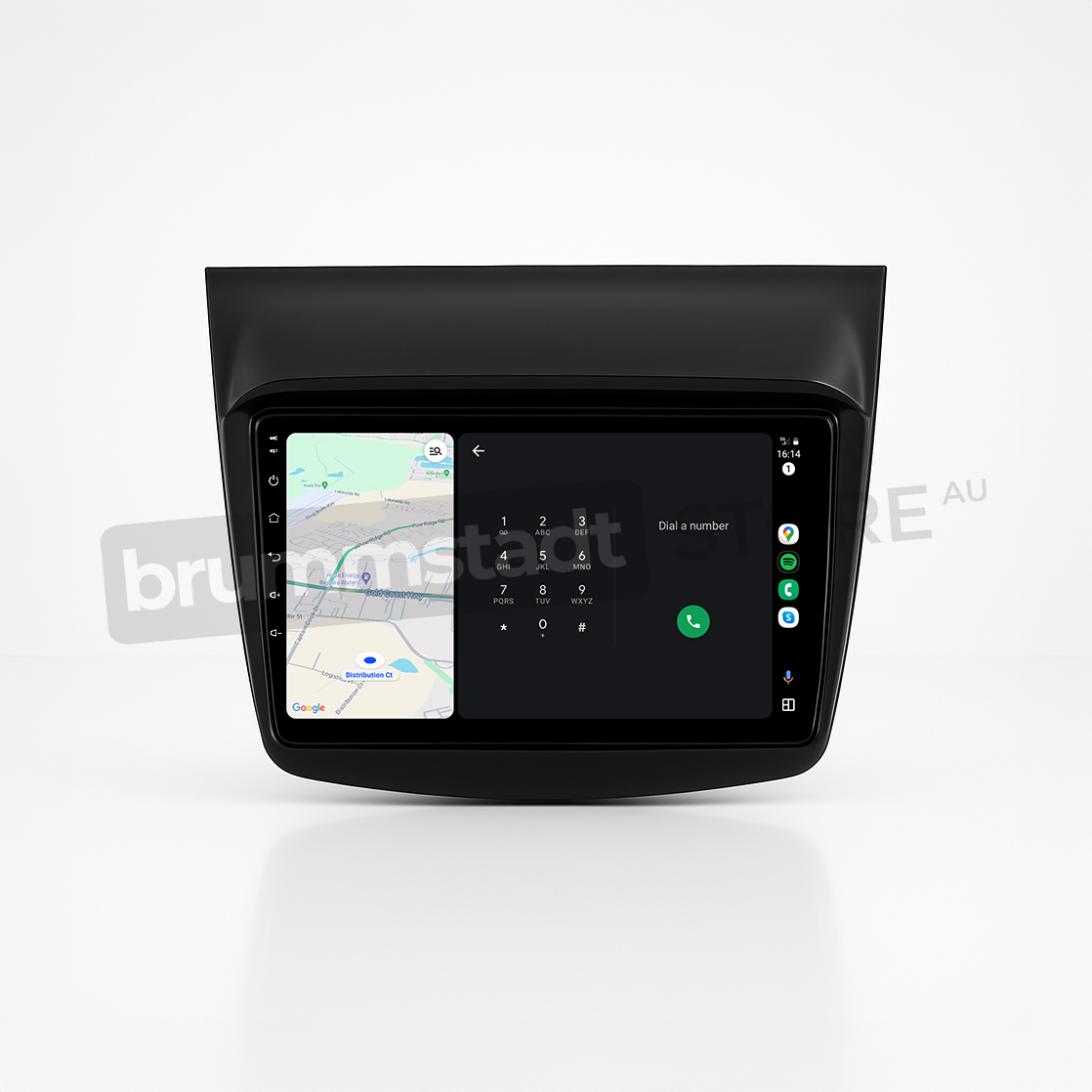 Brummstadt head unit for Mitsubishi Challenger 2008-2016, black frame with a capacitive touchscreen, displaying the Apple CarPlay interface featuring Google Maps and a contact dialer, as well as the Android Auto interface showing a phone dial pad, providing essential navigation and communication tools for Mitsubishi Challenger vehicles.