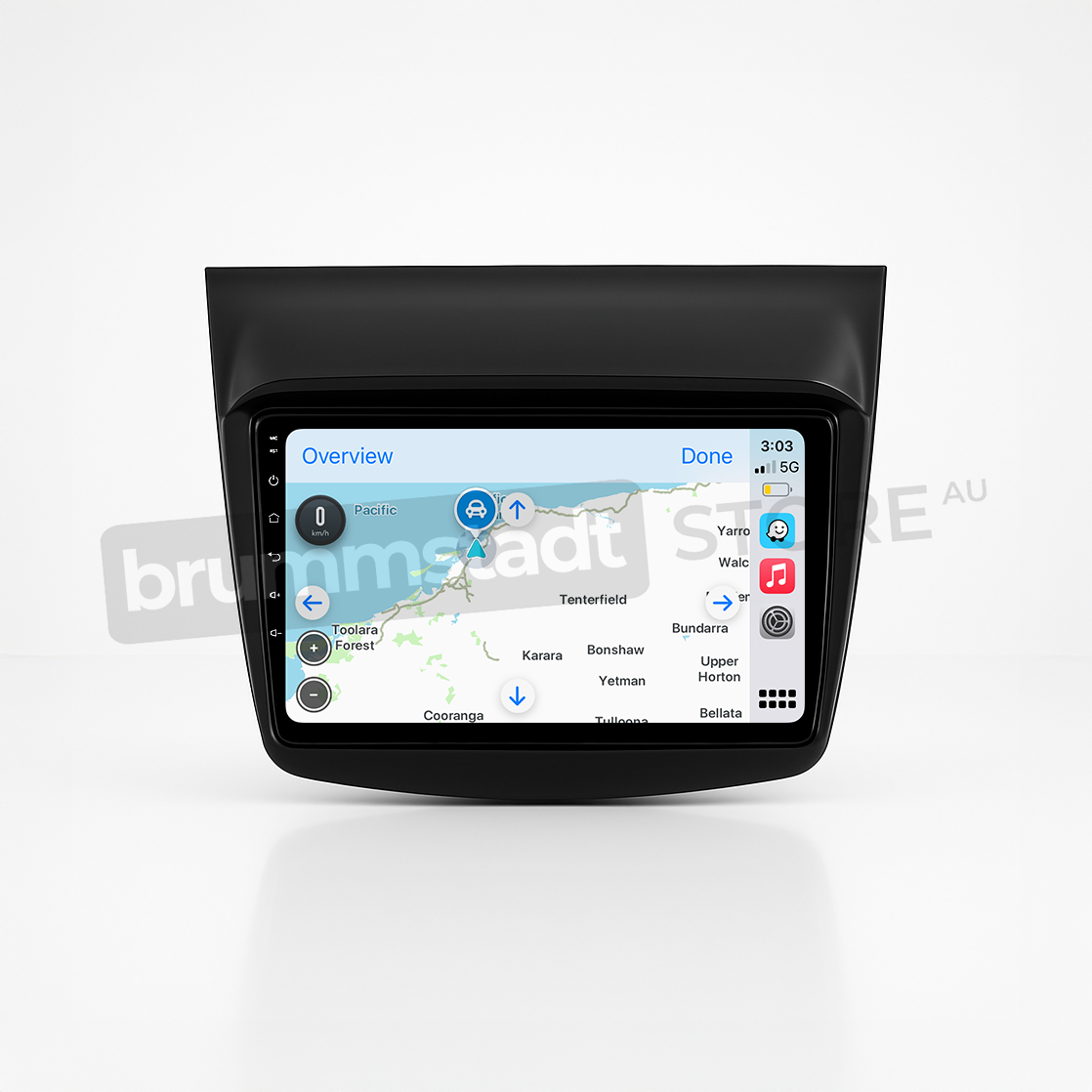 Brummstadt head unit for Mitsubishi Challenger 2008-2016, sleek black design featuring a touchscreen interface, Apple CarPlay displaying Google Maps and additional apps, perfect for navigation and communication in Mitsubishi Challenger vehicles.