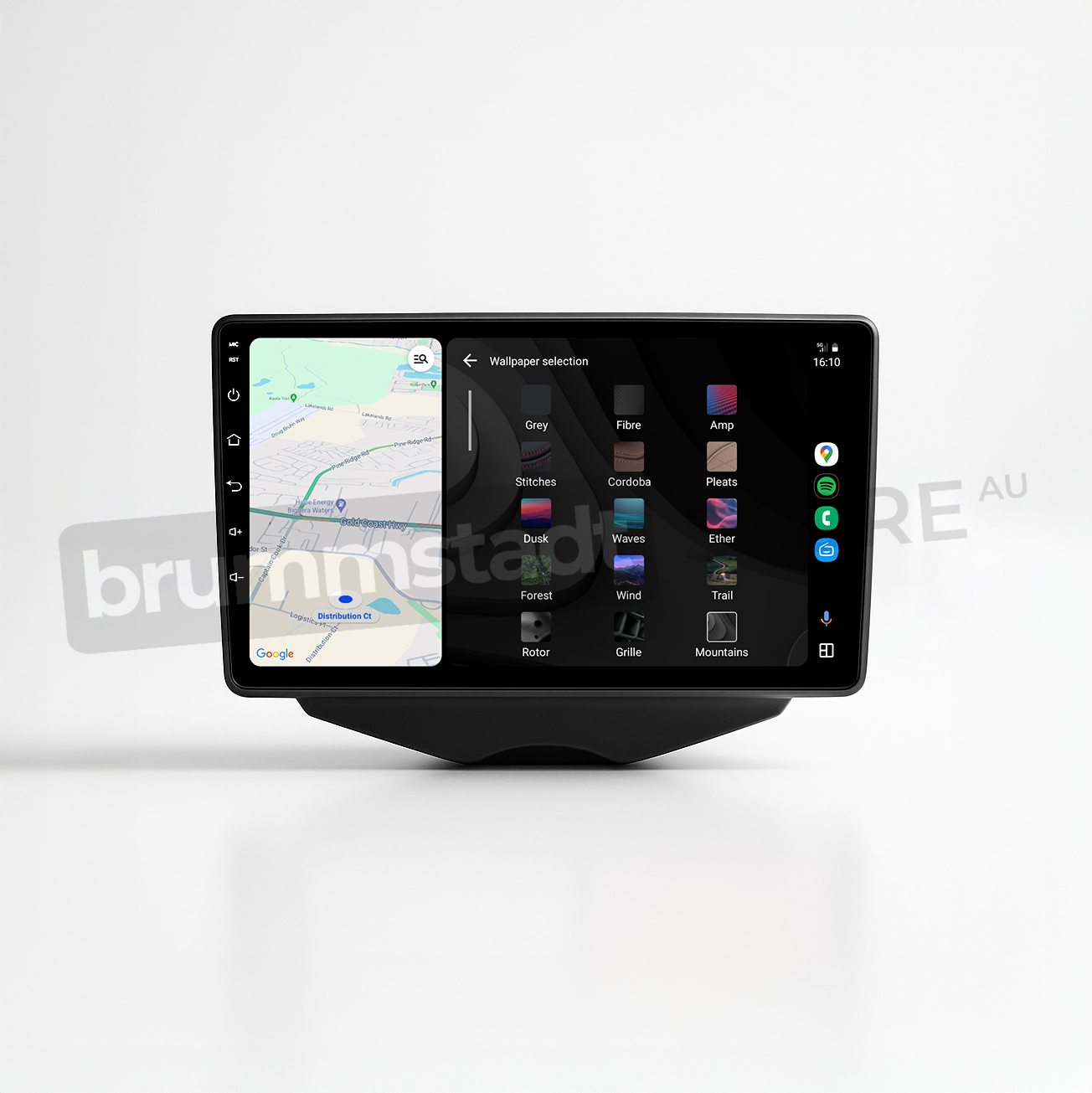 Brummstadt head unit for Hyundai Veloster 2011-2017, featuring a sleek design with a touchscreen interface. Apple CarPlay displayed with Google Maps navigation, showing Sydney location and various customization options for wallpaper selection. Ideal upgrade for Hyundai Veloster's infotainment system, enhancing navigation and connectivity with compatible apps like Waze and WhatsApp.