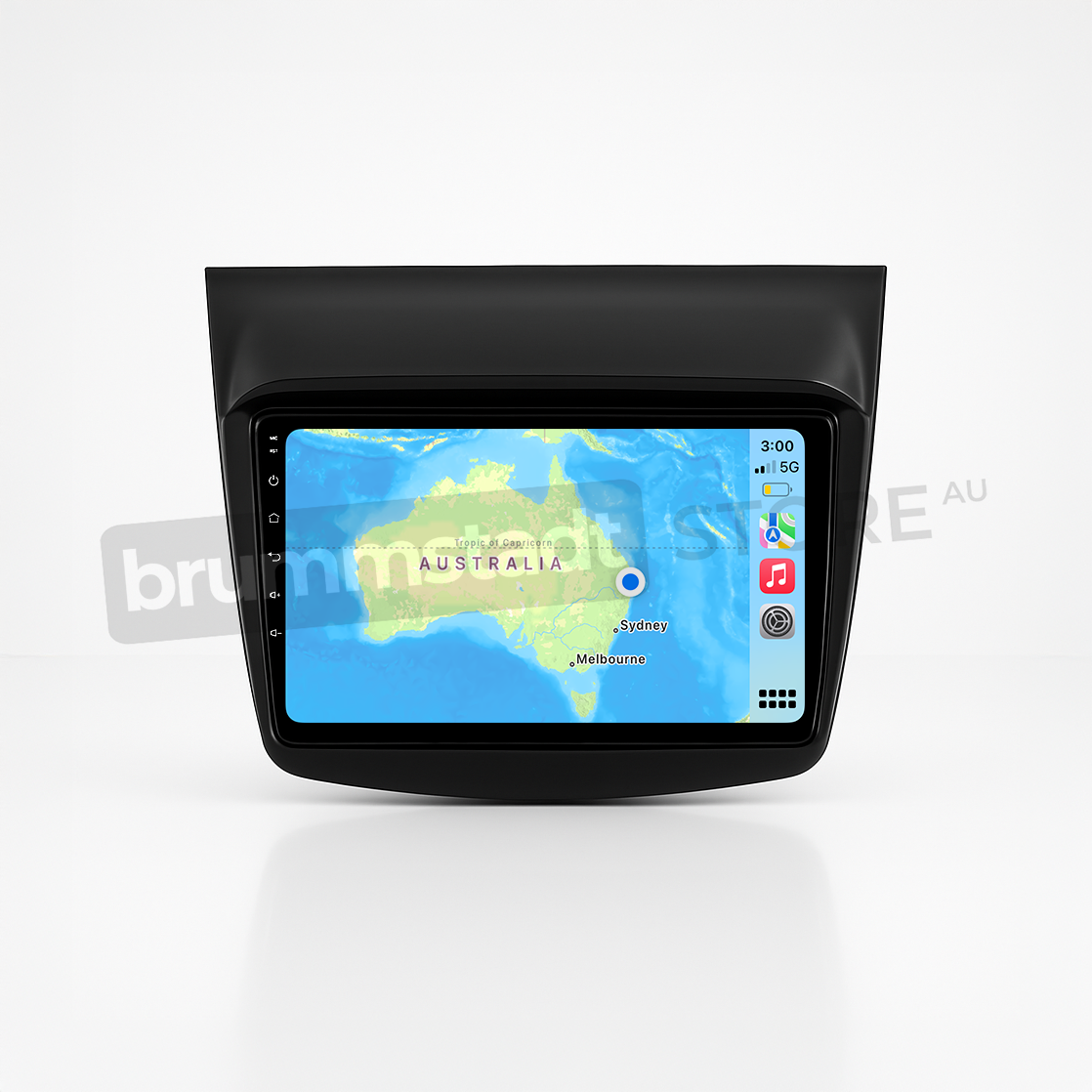 Brummstadt head unit for Mitsubishi Challenger 2008-2016, black frame with touchscreen interface showing Apple CarPlay featuring Google Maps, displaying a map of Australia including Sydney and Melbourne, designed for navigation in Mitsubishi Challenger vehicles.