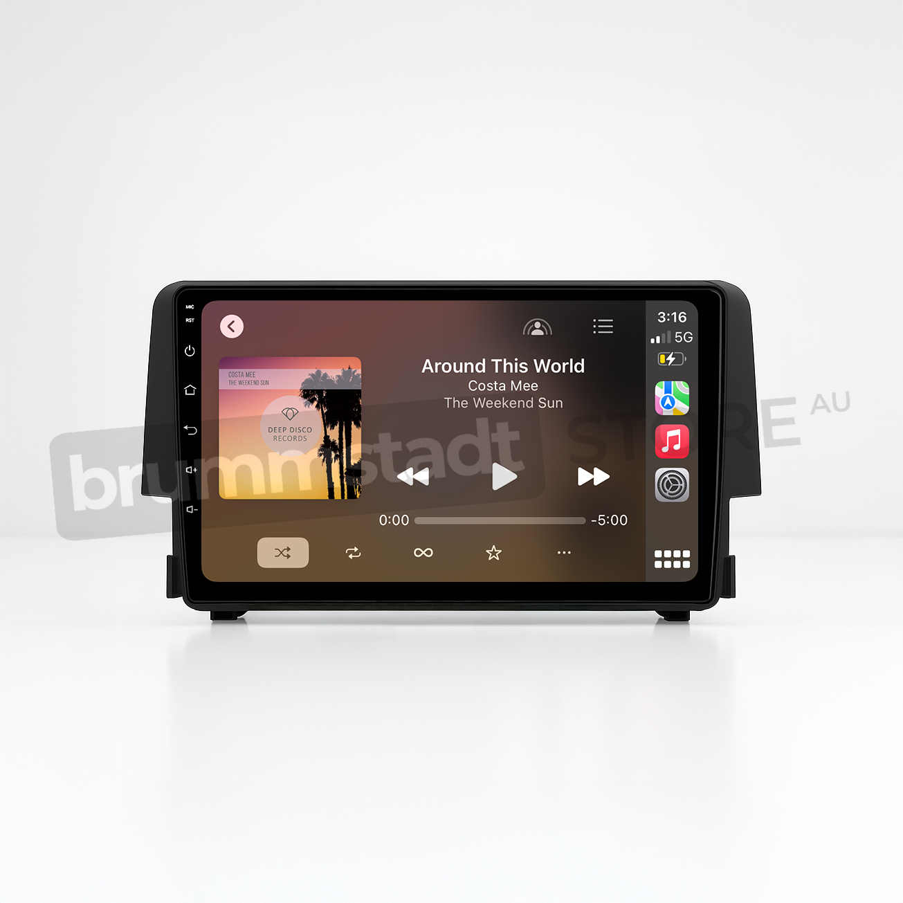 Brummstadt head unit for Honda Civic 2016-2018, sleek black design with capacitive touch controls, Apple CarPlay interface displaying music playback from The Weekend Sun, option for navigating Google Maps, and access to messaging apps like WhatsApp, ensuring seamless connectivity for Honda Civic users.