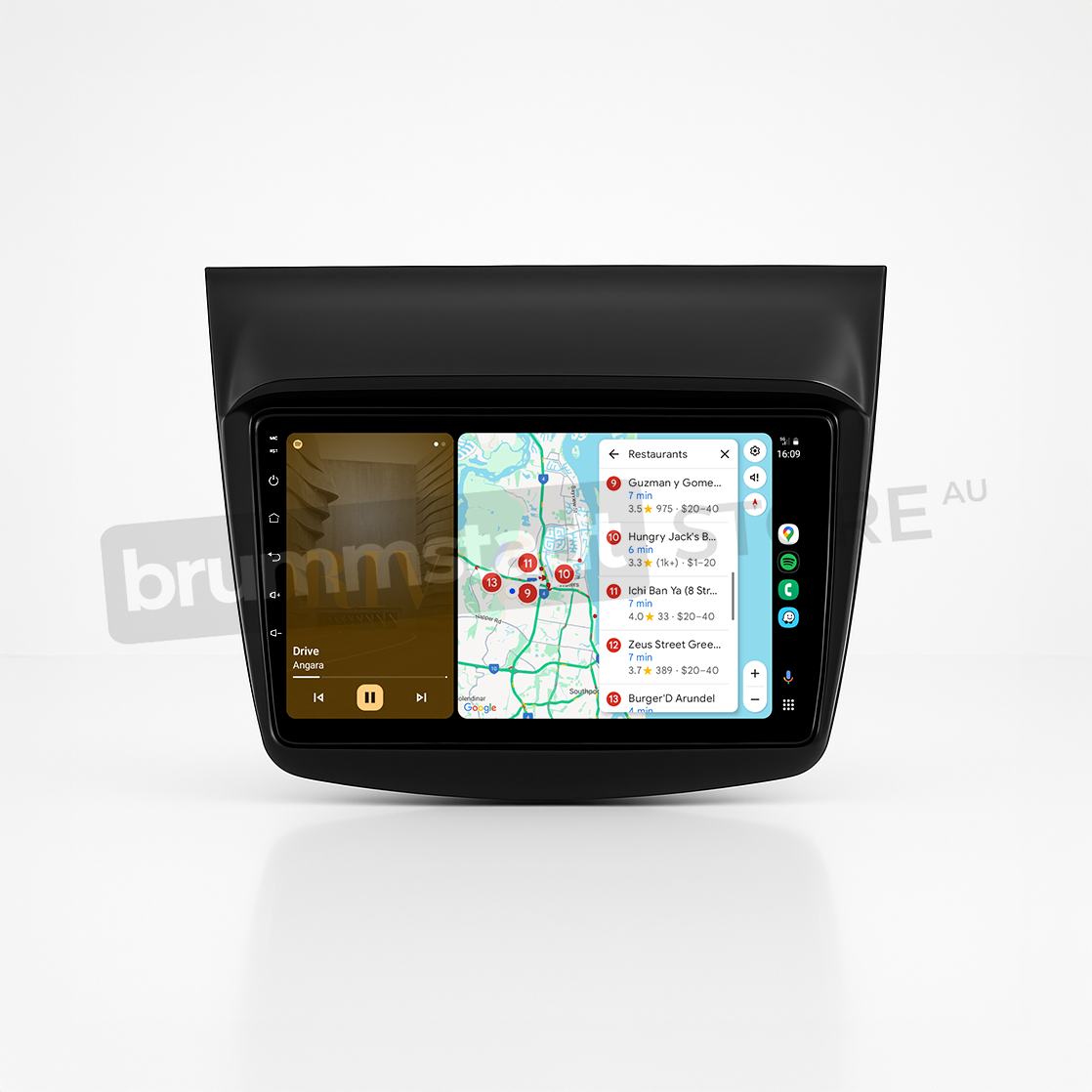 Brummstadt head unit for Mitsubishi Challenger 2008-2016, black frame with touchscreen display, Apple CarPlay interface showing Google Maps with restaurant locations, music playing, and additional apps like Spotify and WhatsApp for enhanced navigation and connectivity in Mitsubishi Challenger interiors.