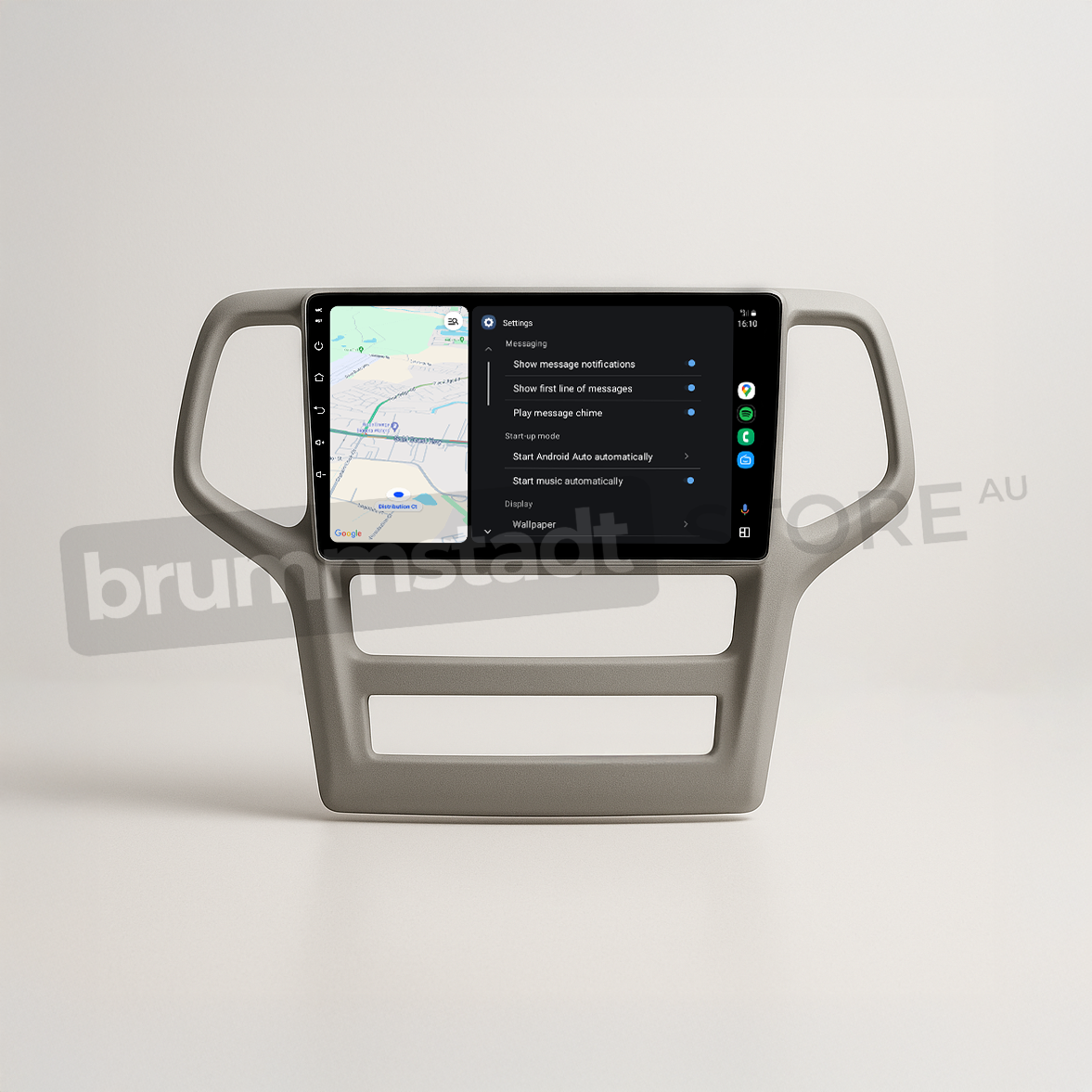 Brummstadt head unit for Jeep Grand Cherokee 2008-2013, grey frame, touchscreen with Apple CarPlay interface showing Google Maps, WhatsApp, and settings options, designed for enhanced navigation and communication in Jeep Grand Cherokee interiors.
