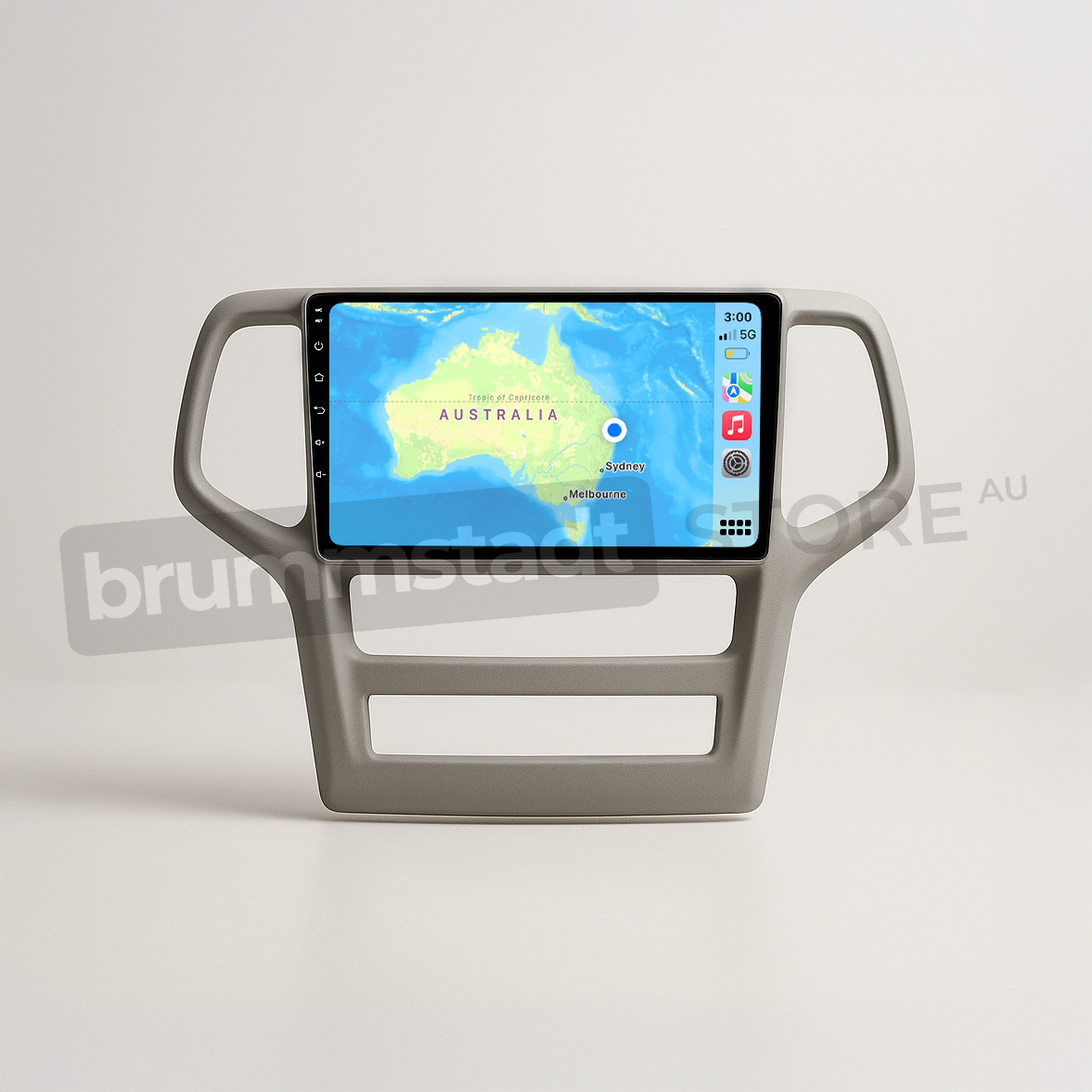 Brummstadt head unit for Jeep Grand Cherokee 2008-2013, gray frame with a large touchscreen, showing Apple CarPlay interface with Google Maps, music apps, and navigation options, designed to enhance multimedia functionality in Jeep Grand Cherokee vehicles.Australian Map.