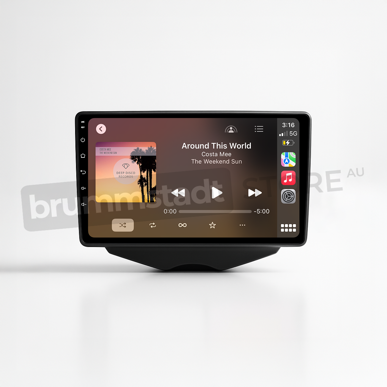 Brummstadt head unit for Hyundai Veloster 2011-2017, sleek design with touchscreen showing Apple CarPlay interface, displaying music app with "Around This World" by Costa Mee, and other controls for track management, volume, and playback, providing a modern infotainment experience for Hyundai Veloster.