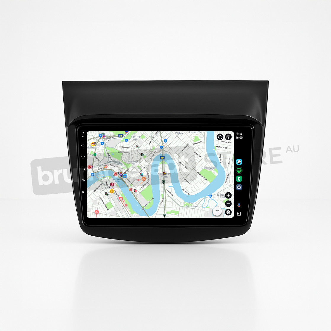Brummstadt head unit for Mitsubishi Challenger 2008-2016, black frame with touchscreen interface, displaying Apple CarPlay featuring Google Maps for navigation in Sydney, WhatsApp for messaging, and other compatible apps for easy access while driving.