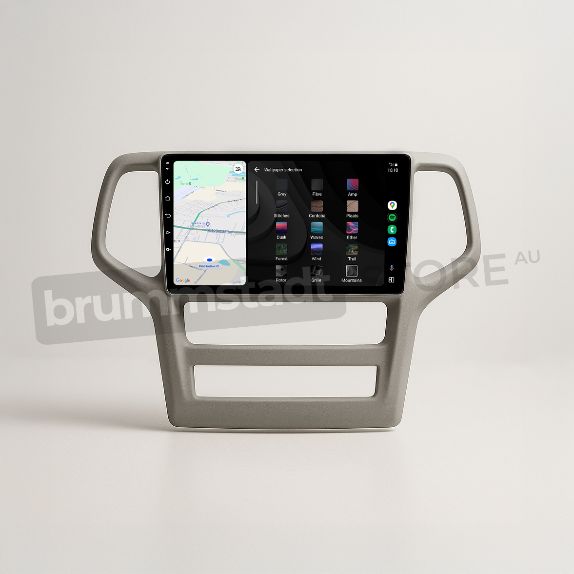 Brummstadt head unit for Jeep Grand Cherokee 2008-2013, grey frame with capacitive buttons, Apple CarPlay interface displaying Google Maps, touchscreen upgrade for navigation in Jeep Grand Cherokee interiors.