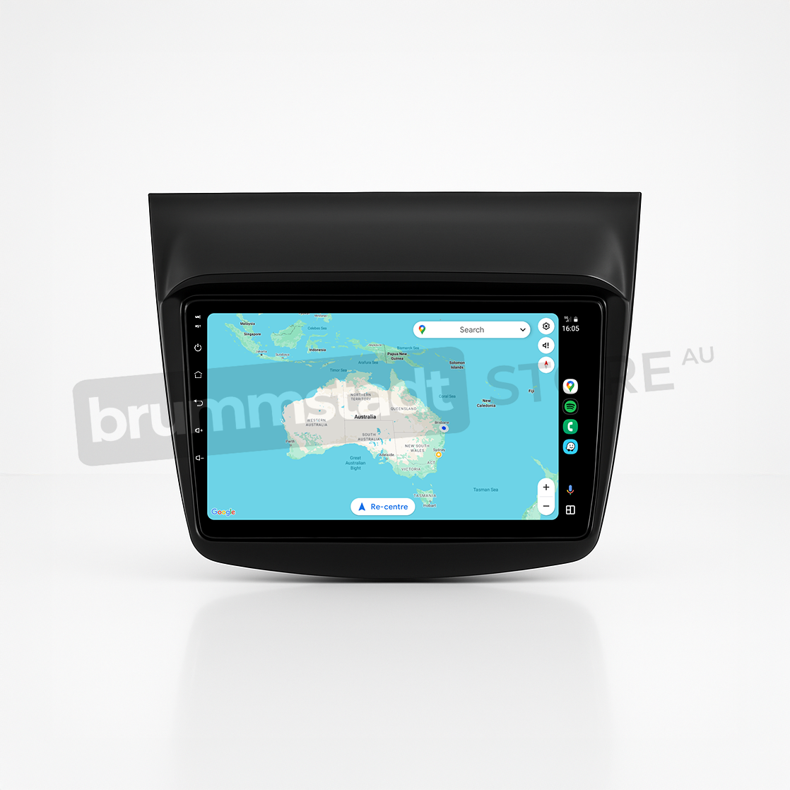 Brummstadt head unit for Mitsubishi Challenger 2008-2016, sleek design, Apple CarPlay interface displaying Google Maps of Australia, with icons for Spotify, WhatsApp, and Phone, touchscreen for navigation and communication features in Mitsubishi Challenger vehicles.