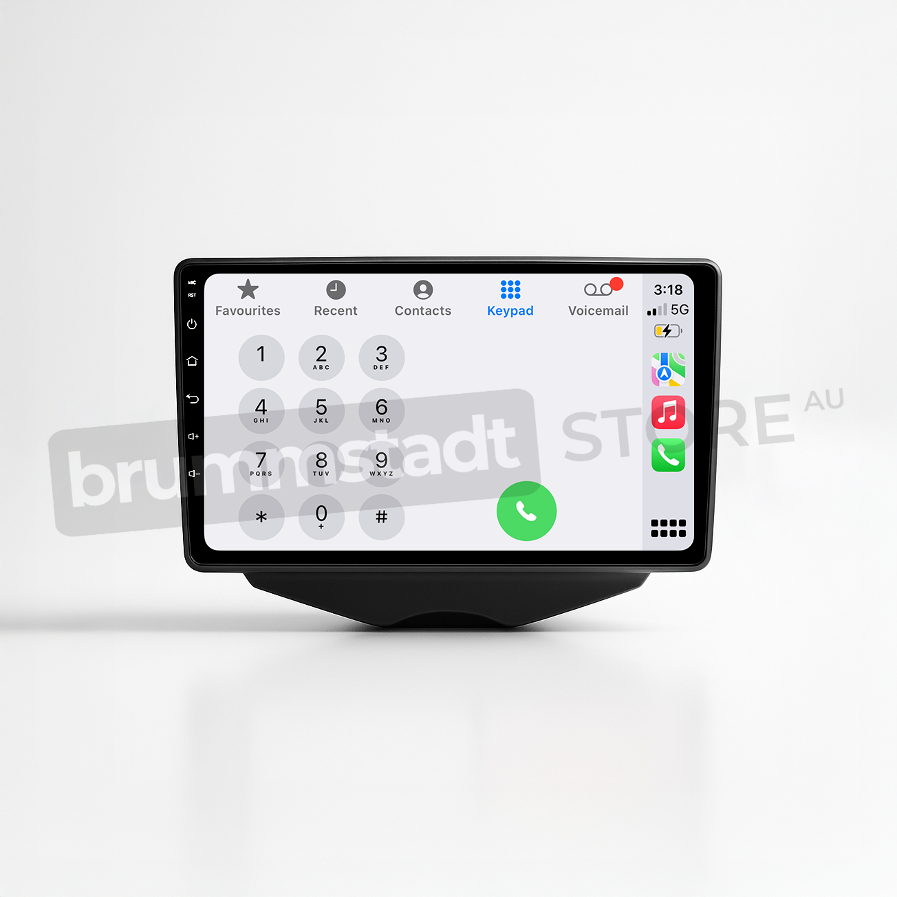 Brummstadt head unit for Hyundai Veloster 2011-2017, sleek black frame with a capacitive touchscreen, Apple CarPlay interface visible displaying Favourites, Recent, Contacts, and Keypad apps. Features include phone functionality with a green call button. Ideal for navigation and communication enhancements in the Hyundai Veloster.