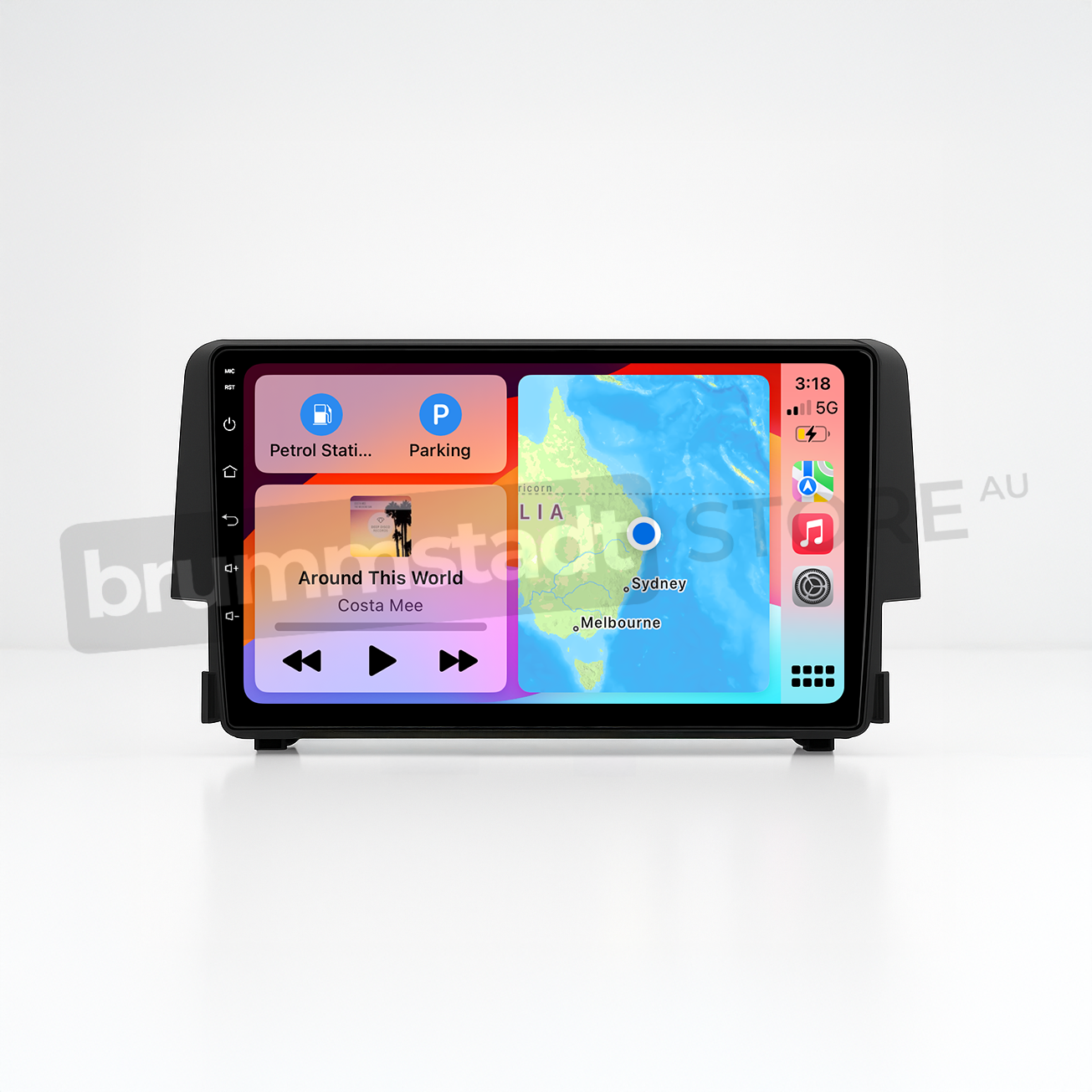 Brummstadt head unit for Honda Civic 2016-2018, black frame with touchscreen, Apple CarPlay interface showing Google Maps and other apps, displaying Sydney and Melbourne locations, for navigation and communication in Honda Civic vehicles.