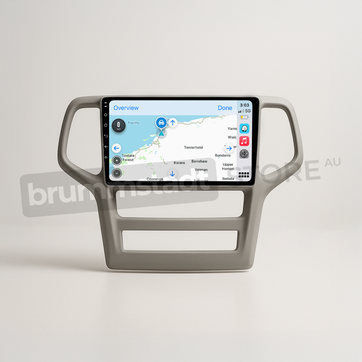 Brummstadt head unit for Jeep Grand Cherokee 2008-2013, featuring a gray frame, touchscreen with Apple CarPlay interface displaying Google Maps, navigation and mapping features, ideal for enhancing connectivity in Jeep Grand Cherokee interiors.