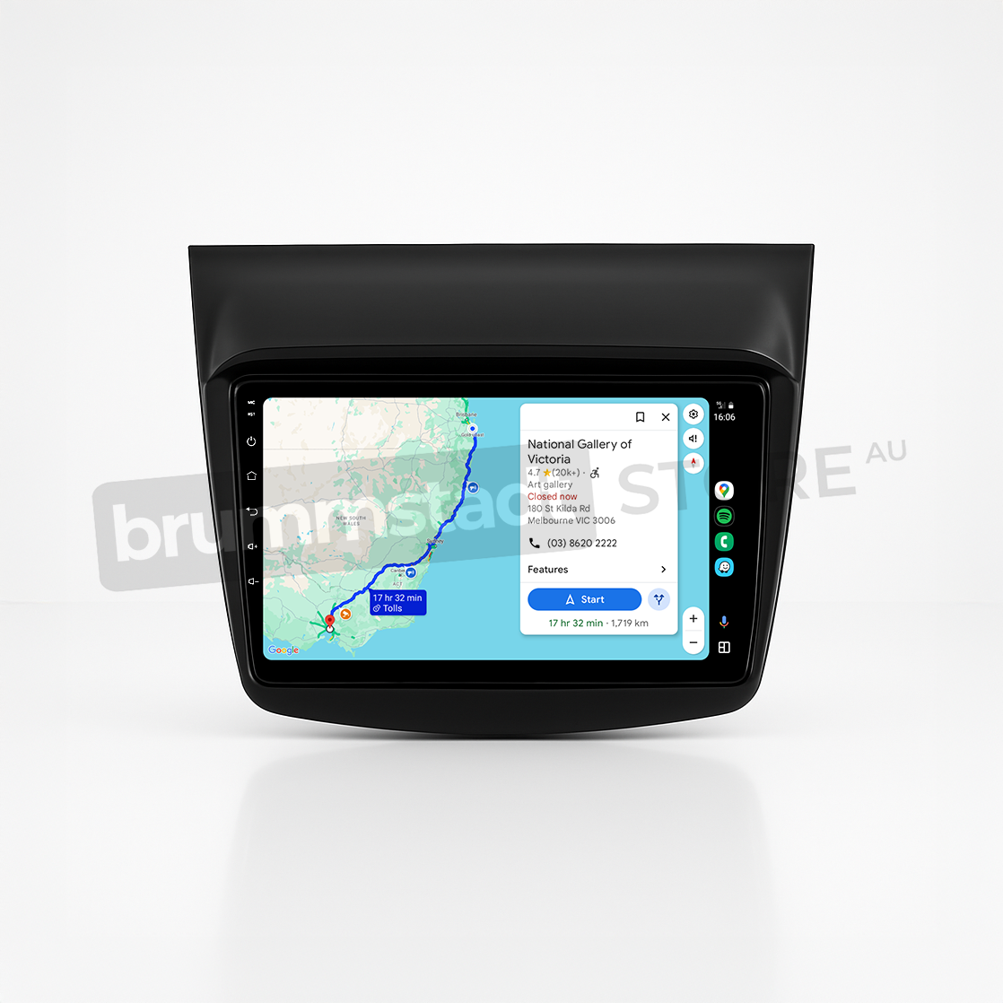 Brummstadt head unit for Mitsubishi Challenger 2008-2016, featuring a black frame and capacitive touchscreen displaying the Apple CarPlay interface with Google Maps showing directions to the National Gallery of Victoria, providing navigation and communication capabilities in the Mitsubishi Challenger.