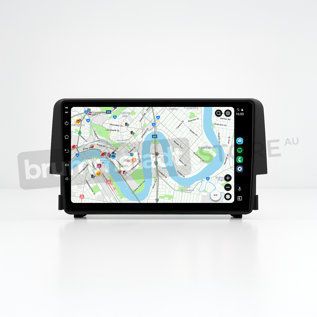 Brummstadt head unit for Honda Civic 2016-2018, sleek black design with a touchscreen interface showcasing Apple CarPlay, displaying Google Maps with detailed Australian map including streets of Sydney, and quick access to navigation apps. Features visible buttons for Home and Volume, enhancing functionality in Honda Civic interiors.