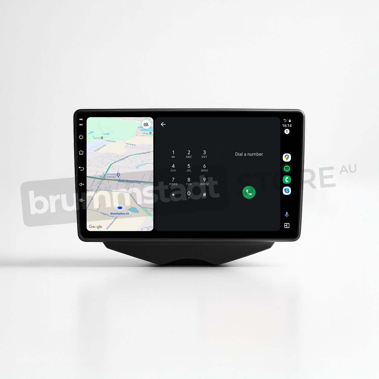 Brummstadt head unit for Hyundai Veloster 2011-2017 with a black frame, Apple CarPlay interface displaying Google Maps and a dialing screen for calls, featuring touchscreen controls for a seamless navigation and communication experience in Hyundai Veloster vehicles.