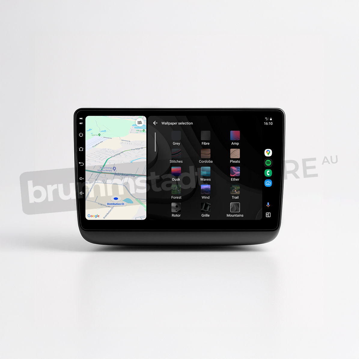 Brummstadt head unit for Jeep Grand Cherokee 2014-2022, sleek black design with a touchscreen interface, displaying Android Auto with Google Maps and various customization options, designed for enhanced navigation and communication functionalities in Jeep Grand Cherokee vehicles.