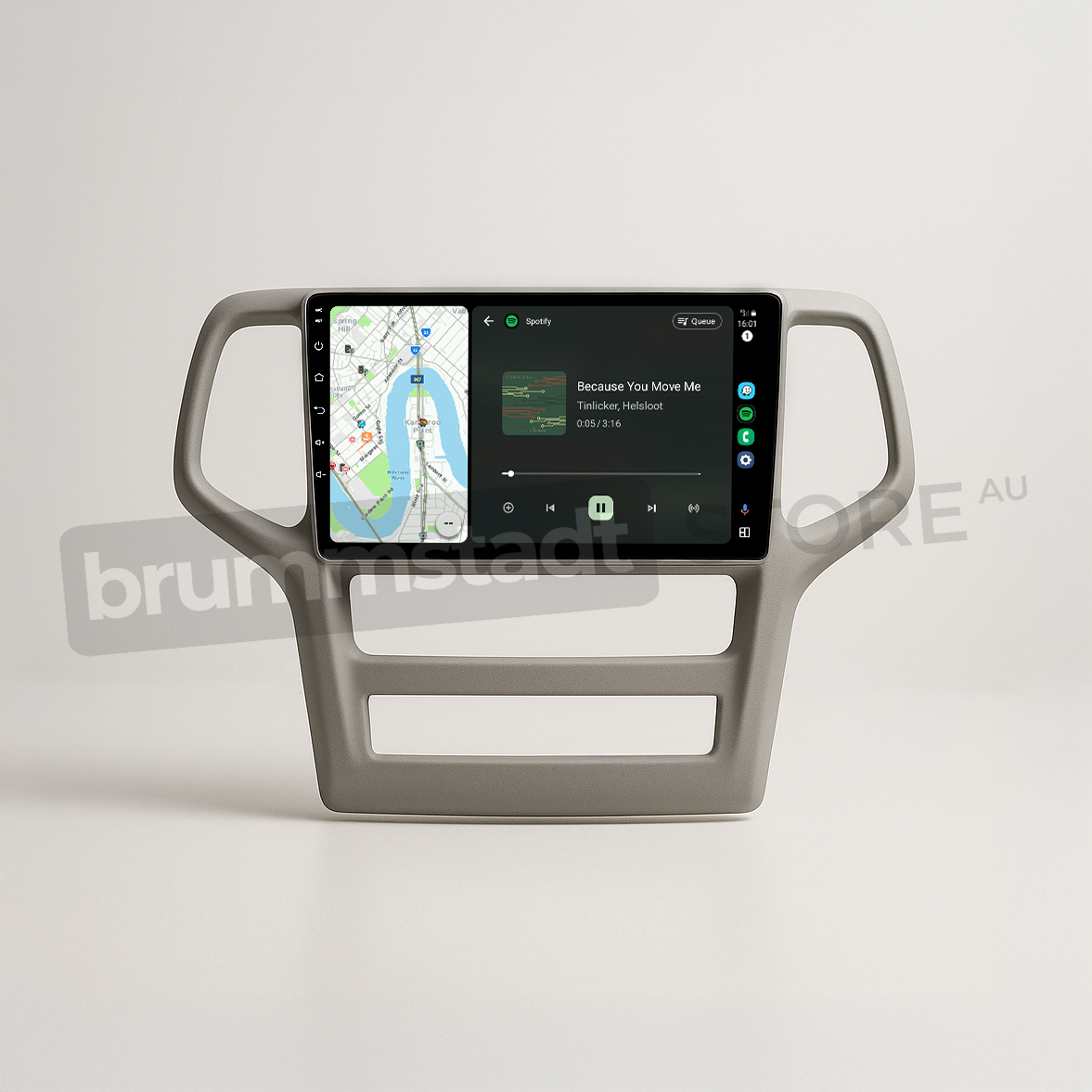 Brummstadt head unit for Jeep Grand Cherokee 2008-2013, grey frame, wired and wireless Apple CarPlay and Android Auto interfaces displaying Google Maps and Spotify, touchscreen upgrade for navigation and music apps in Jeep Grand Cherokee interiors.