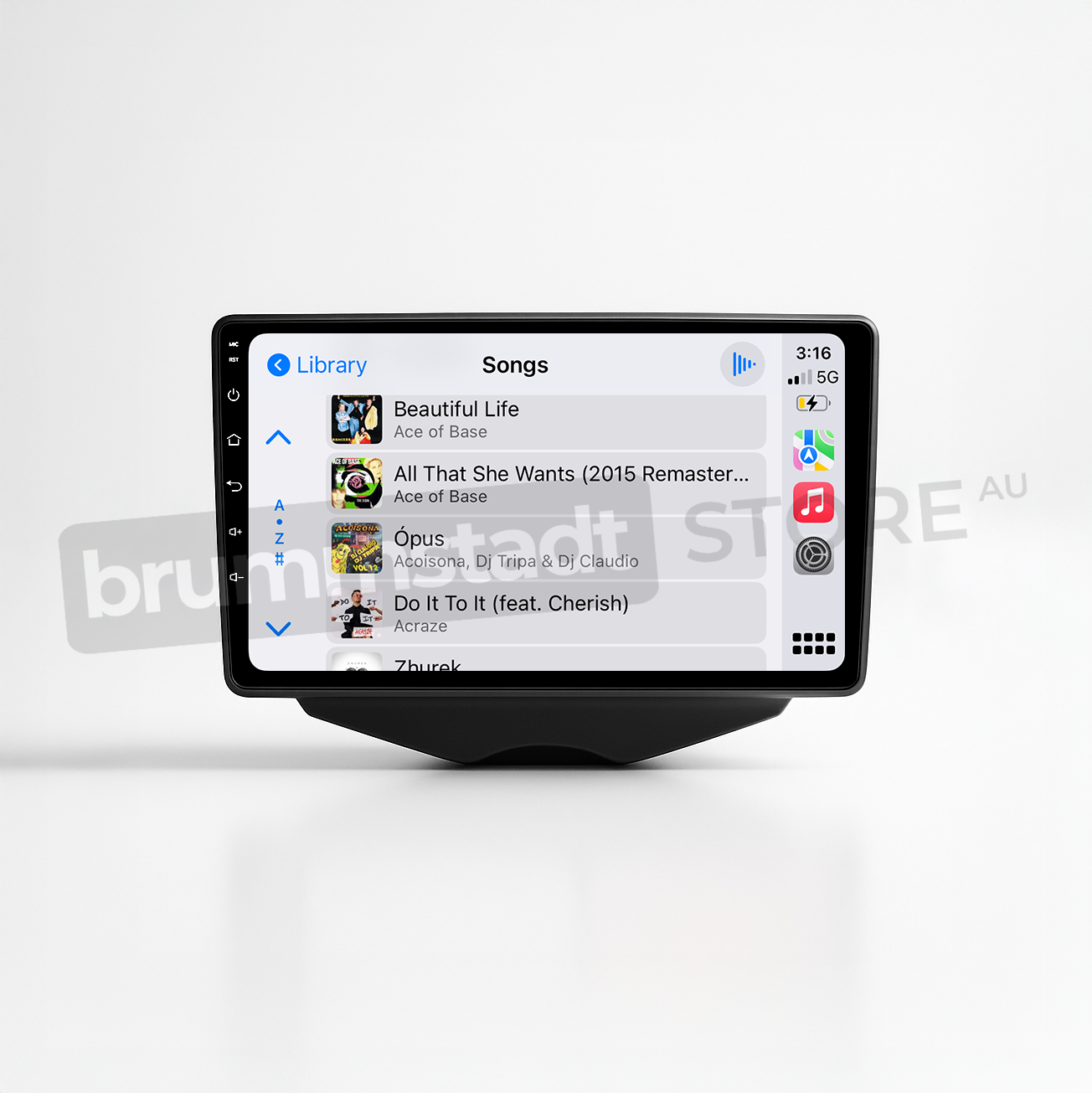 Brummstadt head unit for Hyundai Veloster 2011-2017, black frame, Apple CarPlay interface displaying music library with songs like "Beautiful Life" by Ace of Base, and "Do It to It" by Acraze, touchscreen with controls for navigation and song selection, designed for seamless integration into Hyundai Veloster vehicles.